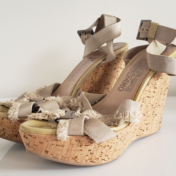 Salvatore Ferragamo Shoes - Ferragamo Wedge Heel Sandals - Cream & Cork Fringe Strappy Heel Summer Party